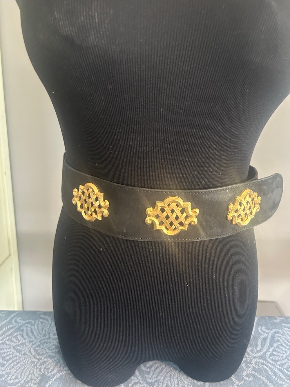 Bally Vintage Black Leather Waist Belt with Gold Medallion Accents Made in Italy